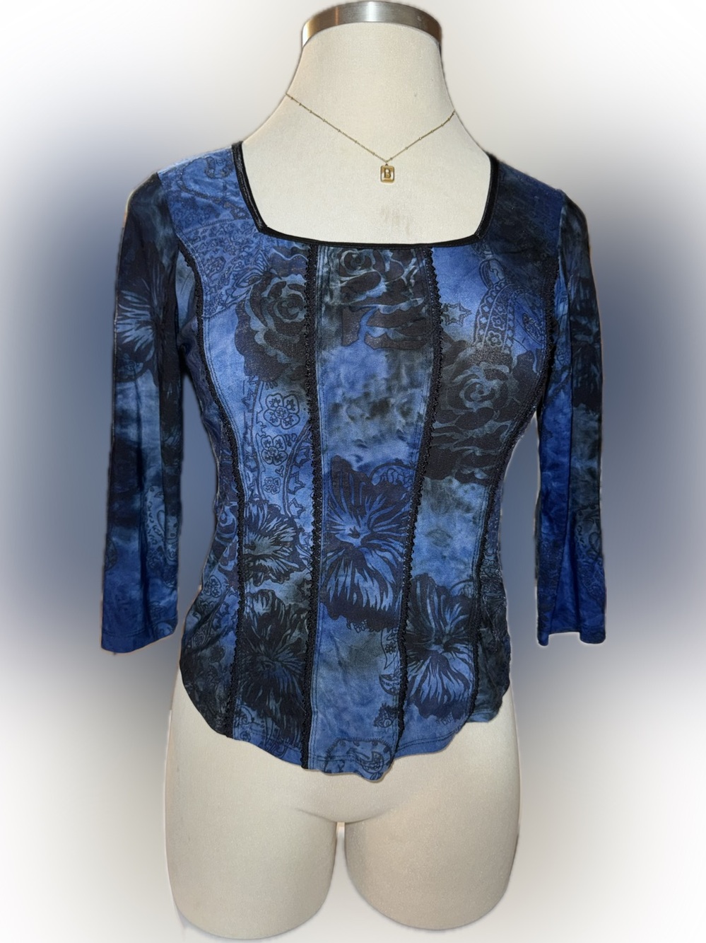 Y2K Dress Barn Blue and Black Floral Paneled Long Sleeve Corset Styled Top